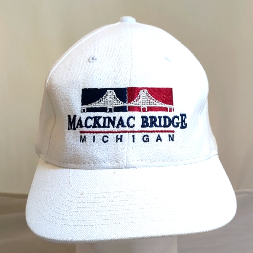 Vintage White Mackinac Bridge Michigan Adjustable Strapback Hat Cap